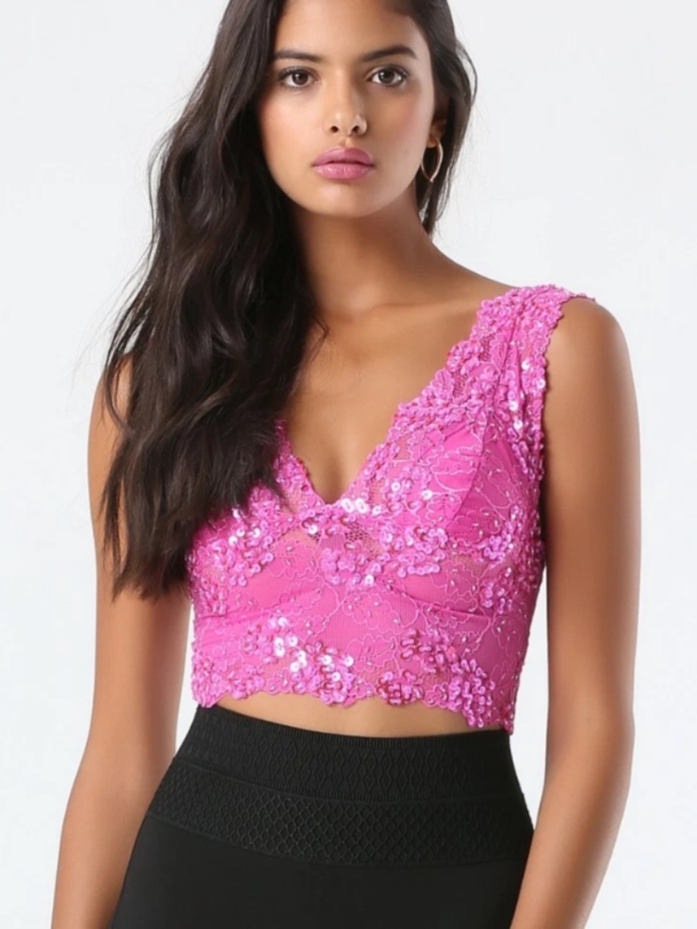 Bebe Hot Pink Sequin Beaded Deep V Neck Lace Floral Bustier Crop Top S Small 2 4